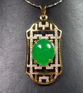Yellow Gold Plate green JADE Pendant Cabochon Rectangle Diamond Imitation 285773 - Picture 1 of 8