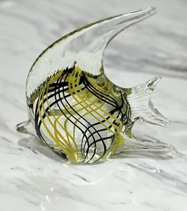 Art Glass Angel Fish Black Yellow Swirly Stripes Paperweight Figurine 6.5" Tall - Picture 1 of 4