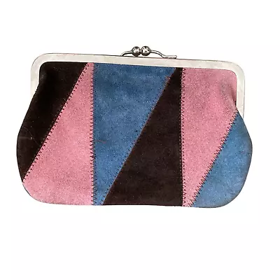 Vintage 70s Suede Patchwork Coin Purse Bag Retro Funky Boho Festival - Image 1 of 4