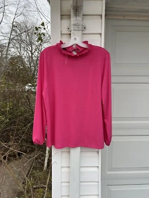 NUEVO CON ETIQUETAS Blusa Talbots Divertida Rosa Frambuesa Volantes Altos Terciopelo Cuello Atado 3X Foto 1 de 4