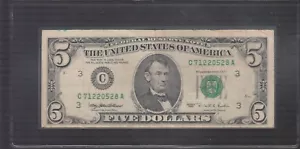 1995 (C) $5 Five Dollar Bill Federal Reserve Note Philadelphia Vintage MISCUT - Picture 1 of 2