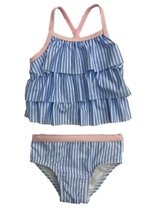 Infant Girls Ruffled Blue White Stripe 2 Pc Tankini Swimming & Bathing Suit - Picture 1 of 1