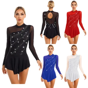 Womens Skirt Gymnastics Leotard Bodysuit Dress Lyrical Dancewear Rhinestone - Picture 1 of 53