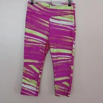 Leggings femininas Xersion pequenas Capri listradas fúcsia amarelo neon treino academia - Imagem 1 de 4