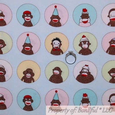 BonEful FABRIC FQ Cotton Quilt VTG Blue Brown Sock Monkey Baby White Dot Stripe - Image 1 of 4