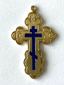 BLISS 14KT Yellow Gold St. Olga Orthodox Large Religious Cross with Blue Enamel - Picture 1 of 12