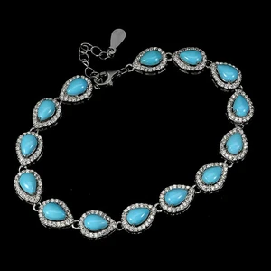 925 Sterling Silver Bracelet Pear Turquoise 6x4mm Natural Gemstone Jewelry 7.5in - Picture 1 of 13