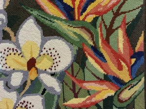 Framed Needlepoint Art, Vibrant Tropical Flowers, Rare Vintage Wall Decor Gifts - Picture 1 of 13