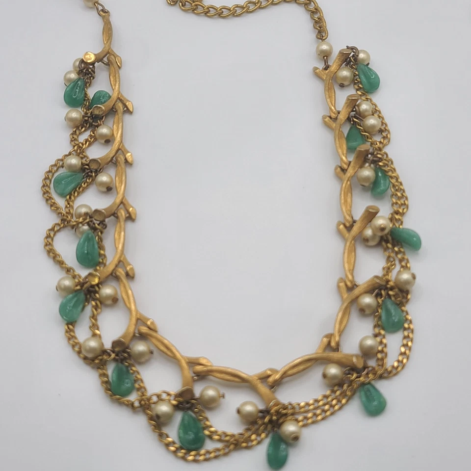 Collar Kramer Vintage Hojas Verdes Tono Dorado Swag Firmado 15" Foto 1 de 4