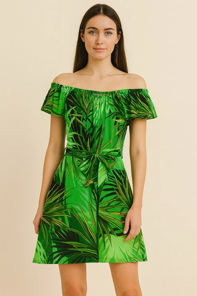 Mameluco Emma & Michele Tropical Estampado Palma Hombro Descubierto - Mono Verde con Cinturón Foto 1 de 1