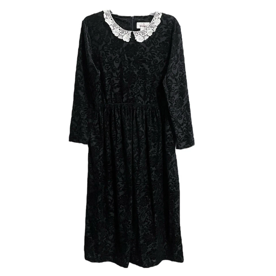 Vintage Womens Worthington Gothic Lace Collar Velvet Midi Dress 12 Black RBG - Image 1 of 4