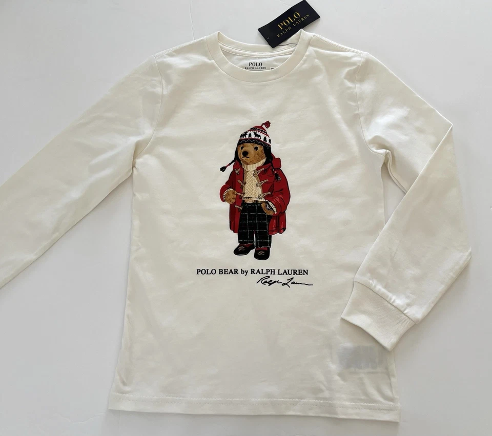 NWT, Boys Ralph Lauren Cream Long Sleeved Polo Bear T-Shirt. Size 7. Eu 122/128 - Image 1 of 1
