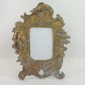 Ornate Antique Brass Easel Frame Mirror Roman Lady w Flowers & Cherub Trumpet - Picture 1 of 14