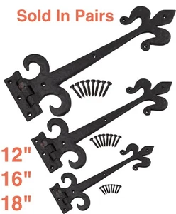 1 Pair Cast Iron Fleur De Lys Decorative Fancy Gothic Old Tudor Gate Door Hinges - Picture 1 of 6