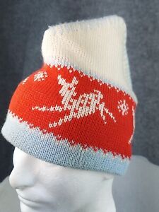 Vintage Smiley Beanie Winter Hat Ski Cap Red White Blue Reindeer Pom USA Made
