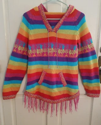 RAINBOWS & LLAMAS 可爱彩色有趣儿童连帽针织衫带FRINGES和口袋 — 第 1/4 张图片