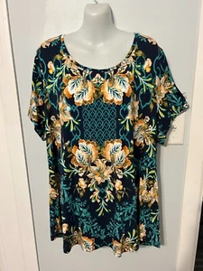 NWT JM Collection Blue Floral Multi Stretchy Top with Short Sle Plus Size 3X - Picture 1 of 3