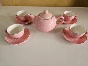 FAO Schwarz Keramik Kinder Tee Party Set Rosa Weiß Tupfen Goldrand - Bild 1 von 15