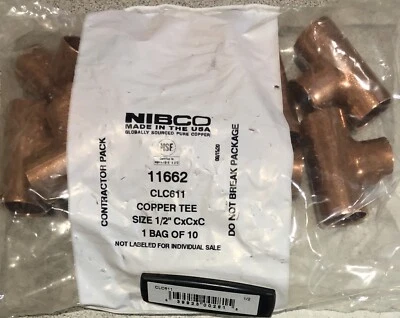 Sealed 10 pack NIBCO CLC-611 Size 1/2" 1/2 Inch CXCXC Copper Solder Sweat Tee - Image 1 of 2