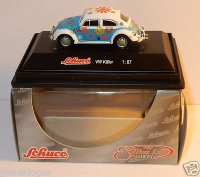 Micro IN Metallo Die Cast Schuco Ho 1/87 VW Maggiolino Cox Hippies Flower Power - Immagine 1 di 4
