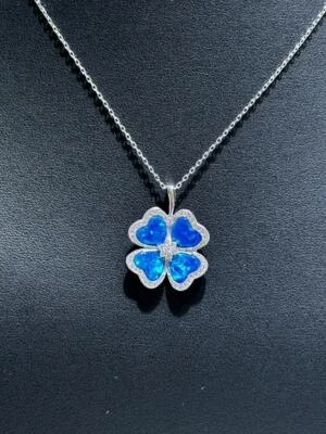 Collar halo trébol ópalo azul zafiro blanco simulado plata esterlina platino Foto 1 de 4