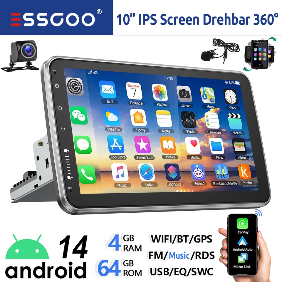 Autoradio 10" 1 DIN Android 14 4+64G Carplay GPS RDS BT Ruotabile Schermo Camera - Immagine 1 di 4