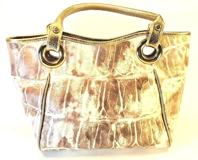 Arcadia Cream & Taupe Croco Embossed Bucket Bag Two Round Handles - Image 1 of 4