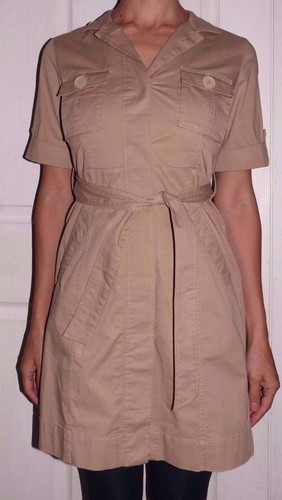 Nuovo trench da donna XS MICHAEL KORS marrone chiaro cachi cravatta vita con bottoni maniche corte