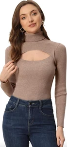 New Allegra K Women's Cut Out Sweater Top Turtleneck Long Sleeve Slim Fit, S - Picture 1 of 4
