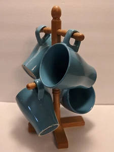 IKEA Aqua Teal Blue Color Stackable Mugs Cups plus Wooden Mug Tree - Picture 1 of 3