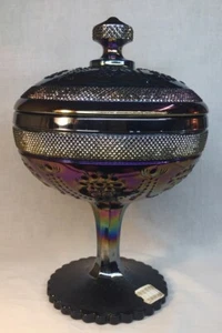 Imperial Art Glass Amethyst Carnival Raised Flowers Candy Dish Dated 1981 - Picture 1 of 11
