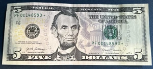 5 Dollar Bill Star Note 2017A “RARE” PF 00148593 * - Picture 1 of 2