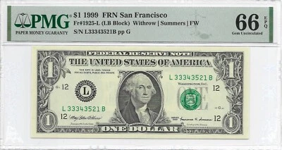 1999 $1 SAN FRANCISCO FRN. PMG GEM Uncirculated 66 EPQ Banknote. - Image 1 of 2