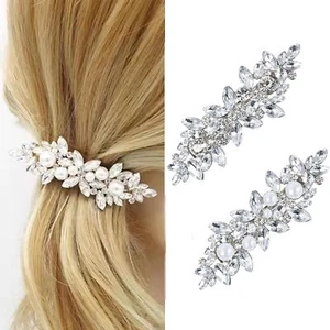 2PCS Rhinestone Hair Clips Vintage Silver Barrettes Bridal Wedding Pins - Picture 1 of 4
