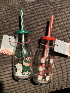 BNWT New 2 x Christmas Eve Glass Milk Bottles - Milk for Santa & Elves Reusable - Picture 1 of 5