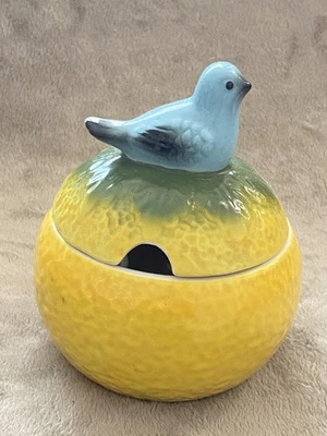 Anthropologie Limón Azul Pájaro Azúcar Cuenco Cerámica Mermelada Tarro ~ Falta Cuchara Foto 1 de 4