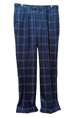 J Hilburn Mens Tailored Wool-Cashmere Pants Blue Plaid W33 L28 Heritage Luxury - Image 1 of 4