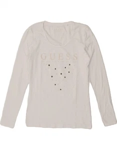 GUESS Womens Graphic Top Long Sleeve UK 10 Small White BZ23 - Picture 1 of 3