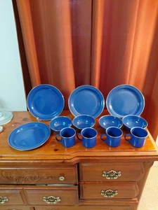 Vintage 12 Piece Set Blue Speckled Camping Enamel Dishware Cups Bowls Plates - Picture 1 of 12
