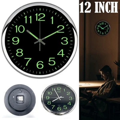 Wall Clock 12'' Large Quartz Silent Luminous Glow In the Dark Indoor Home Office - Image 1 of 4