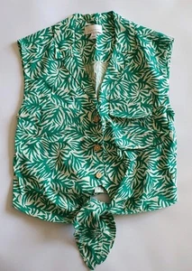 Topshop Size 6 Green And White Leaf Pattern Front Tie Short Top Linen Blend - Picture 1 of 8