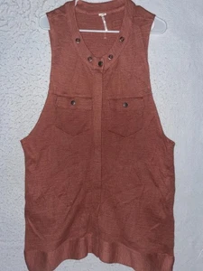 Free People Highway Tunic Vest Brown Pink Womens L Knit Metal Snap Full Zip Long - Picture 1 of 7
