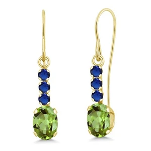 10K Yellow Gold Peridot and Created Sapphire Drop Dangle Earrings For Women - Picture 1 of 3