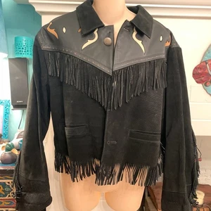 VINTAGE 80s CHEVIGNON HOPI NAVAJO NATIVE WESTERN BOHO FRINGED SUEDE JACKET M - Picture 1 of 10