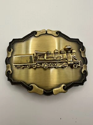 Locomotora de vapor de tren de ferrocarril 1979 de colección hebilla de cinturón de latón hecha en EE. UU. Foto 1 de 4