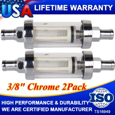 2 In Line Fuel Filter Clear View glass Replaceable Element 3/8" Chrome Hose Barb - Image 1 of 4