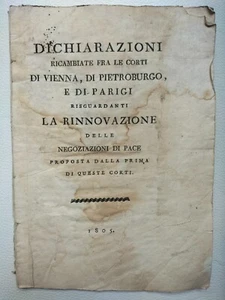 DICHIARAZIONI FRA LE CORTI DI VIENNA PIETROBURGO PARIGI PACE 1805 Napoleone - Picture 1 of 3