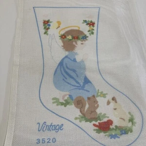 “Vintage” Needlepoint Canvas Christmas Stocking Boy Angel Blue Animals Trees 14 - Picture 1 of 10