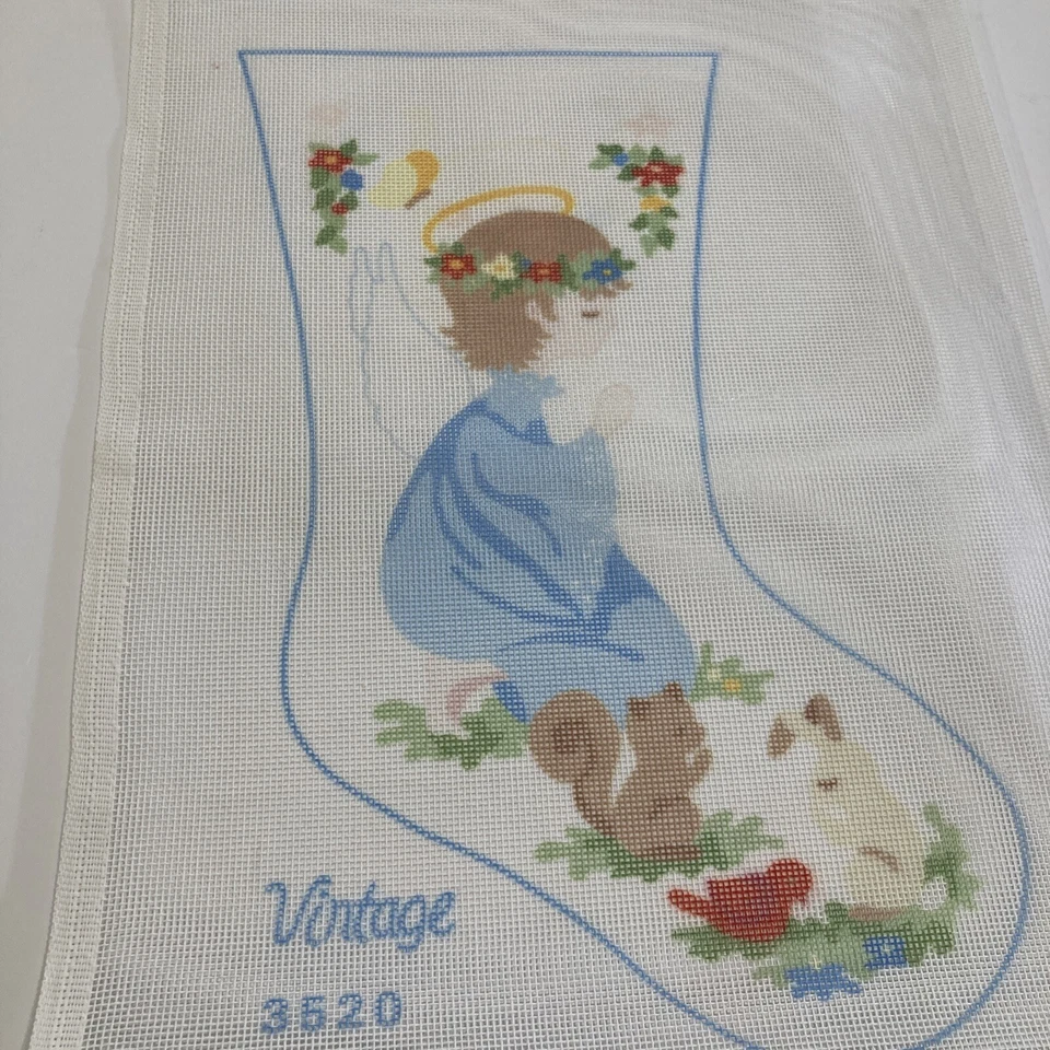 “Vintage” Needlepoint Canvas Christmas Stocking Boy Angel Blue Animals Trees 14 - Image 1 of 4