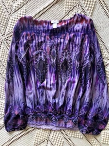 CHICO'S Aztec Purple Metallic Boho Flowy Tie Dye Top Shirt Blouse Womens Sz 0 XS - Picture 1 of 8